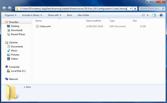 dreamweaver colors.xml folder